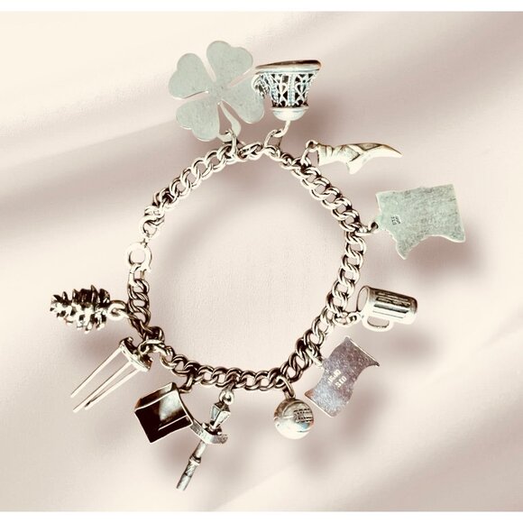 Sterling Silver Charm Bracelet W/ Pinecone Mug Clover & State Charms VTG 6.25” L - Picture 2 of 15